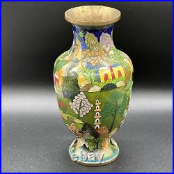 Vintage 10.25 Large Cloisonné Vase Rare Fishing Village Scene Chinese Signed