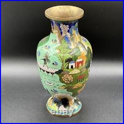 Vintage 10.25 Large Cloisonné Vase Rare Fishing Village Scene Chinese Signed