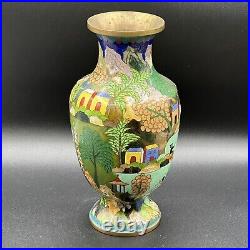 Vintage 10.25 Large Cloisonné Vase Rare Fishing Village Scene Chinese Signed