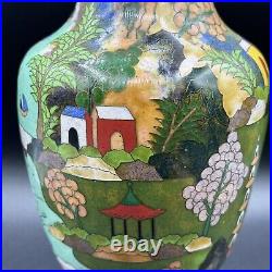 Vintage 10.25 Large Cloisonné Vase Rare Fishing Village Scene Chinese Signed