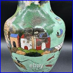 Vintage 10.25 Large Cloisonné Vase Rare Fishing Village Scene Chinese Signed