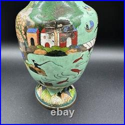 Vintage 10.25 Large Cloisonné Vase Rare Fishing Village Scene Chinese Signed