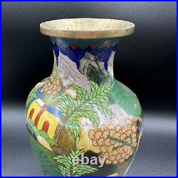 Vintage 10.25 Large Cloisonné Vase Rare Fishing Village Scene Chinese Signed