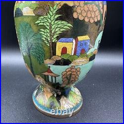 Vintage 10.25 Large Cloisonné Vase Rare Fishing Village Scene Chinese Signed