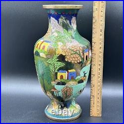 Vintage 10.25 Large Cloisonné Vase Rare Fishing Village Scene Chinese Signed