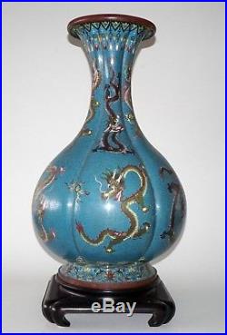 Vintage 20C Chinese Large Cloisonne Lobed Bottle Vase w. Writhing Dragons