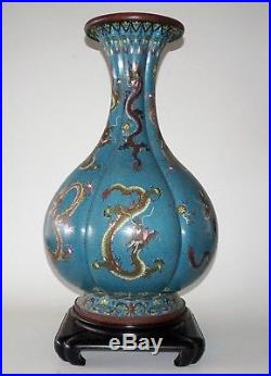 Vintage 20C Chinese Large Cloisonne Lobed Bottle Vase w. Writhing Dragons