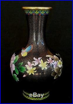 Vintage Chinese large cloisonne vase Butterfly & Flowers 10.5 tall