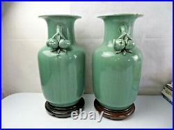 Vintage Chinese pair of Celadon Ceramic LARGE vase on wood stand Longevity Peach