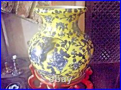 Vintage Hand Made Large Chinese Yellow & Blue Porcelain Vase & Stand