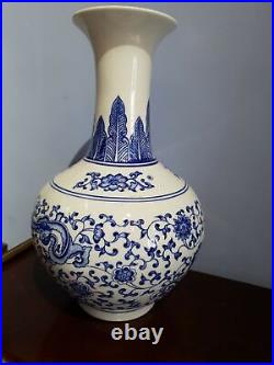 Vintage Heavy Large Chinese Vase White & Blue Porcelain With Sign