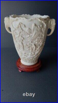 Vintage Large Antique Asian Carved Resin Vase 11'' With Elephant Handles
