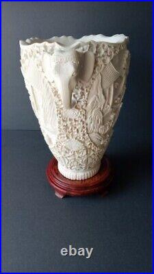 Vintage Large Antique Asian Carved Resin Vase 11'' With Elephant Handles