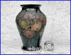Vintage Large Chinese Black Porcelain Floral Rose Motif Flared Vase