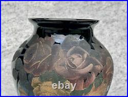 Vintage Large Chinese Black Porcelain Floral Rose Motif Flared Vase
