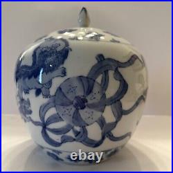 Vintage Large Chinese Blue And White Foo Dogs Ginger Jar Porcelain Buddha Lions