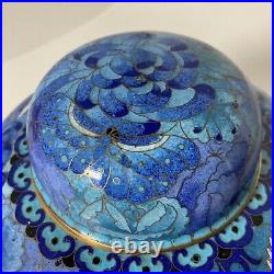 Vintage Large Chinese Blue Cloisonné Lidded Jar / Vase / Urn Chrysanthemum Heron