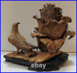 Vintage Large Chinese Carved Soapstone Cabbage Bok Choy & Birds with Wood Stand