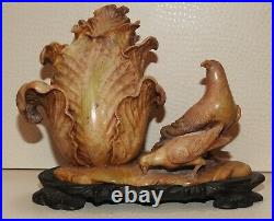 Vintage Large Chinese Carved Soapstone Cabbage Bok Choy & Birds with Wood Stand