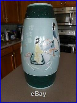 Vintage Large Chinese Celadon 20.5 Relief Vase Signed Horse Caligraphy Qianlong