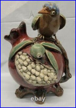 Vintage Large Chinese Guangdong Pottery vase bird perched on pomegranate fruit
