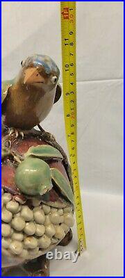 Vintage Large Chinese Guangdong Pottery vase bird perched on pomegranate fruit