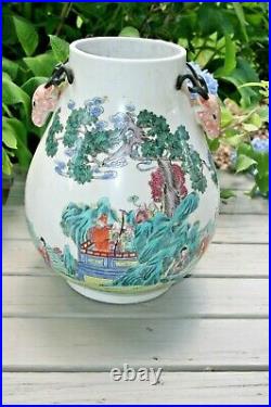 Vintage Large Chinese Marked Famille Rose Porcelain Deer Handle Vase Urn
