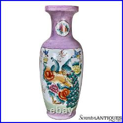 Vintage Large Chinese Pink Porcelain Peacock Floral Motif Floor Vase