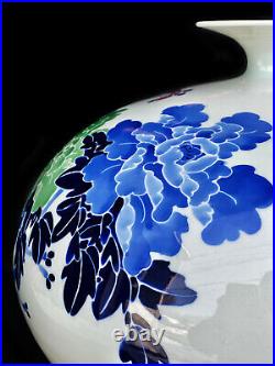 Vintage Large Chinese Porcelain Painted Floral Motif Squat Vase