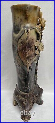 Vintage Large Chinese Soapstone Hand Carved Floral & Bird Vase 16.5 Tall