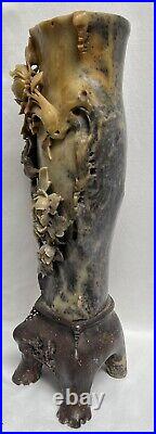 Vintage Large Chinese Soapstone Hand Carved Floral & Bird Vase 16.5 Tall