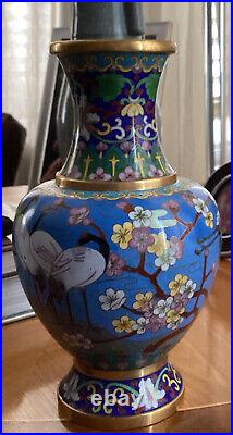 Vintage Large Chinese Turquoise Cloisonné Brass Vase Chrysanthemum Herons. 8