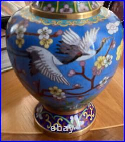 Vintage Large Chinese Turquoise Cloisonné Brass Vase Chrysanthemum Herons. 8