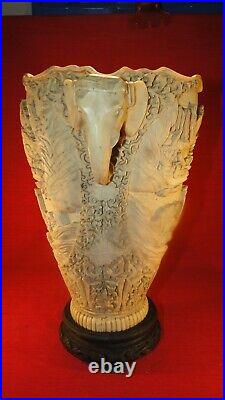 Vintage Large Hand carved Resin/ Soapstone Chinese Oriental Vase & Elephant hand