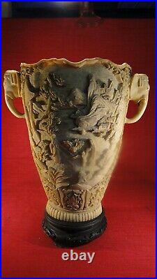 Vintage Large Hand carved Resin/ Soapstone Chinese Oriental Vase & Elephant hand