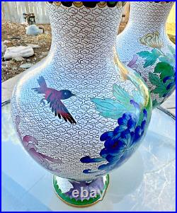 Vintage Matching PAIR Large Chinese Cloisonne Vases Bulbous BIRDS Floral 12 1/4