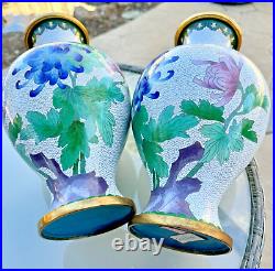 Vintage Matching PAIR Large Chinese Cloisonne Vases Bulbous BIRDS Floral 12 1/4