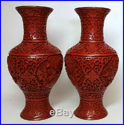 Vintage PAIR Large CHINESE CINNABAR LACQUER VASES 10 Inches High with Blue Enamel