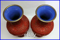 Vintage PAIR Large CHINESE CINNABAR LACQUER VASES 10 Inches High with Blue Enamel