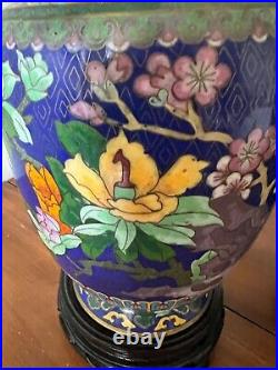 Vintage Pair Large Cloisonné Vases On Hand Carve Wood Bases