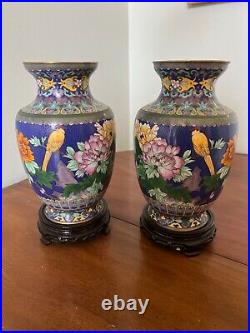 Vintage Pair Large Cloisonné Vases On Hand Carve Wood Bases