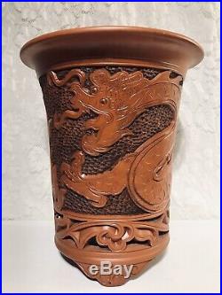 Vintage Red Clay Chinese Dragon Outdoor Planter Vase 16 Tall LARGE Rare Marked