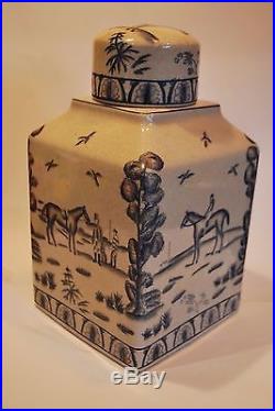 Vintage Reproduction Large Lidded Vase or Jar Blue and White with Horses