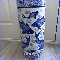 Vintage antique Chinese blue and white large, tall pot vase, umbrella stand VGC