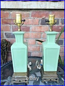 Vintage pair Large Chinese apple green vase table lamps with brass base