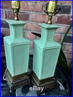 Vintage pair Large Chinese apple green vase table lamps with brass base