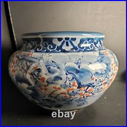 Vtg Chinese Blue White Red Pottery Large 10 Wide Vase Bird Flower Leaf 7 Tall