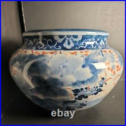 Vtg Chinese Blue White Red Pottery Large 10 Wide Vase Bird Flower Leaf 7 Tall