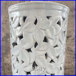 Vtg Chinese Celadon Greenware Large Vase Leaves Lattice Double Layered 13.5