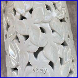 Vtg Chinese Celadon Greenware Large Vase Leaves Lattice Double Layered 13.5